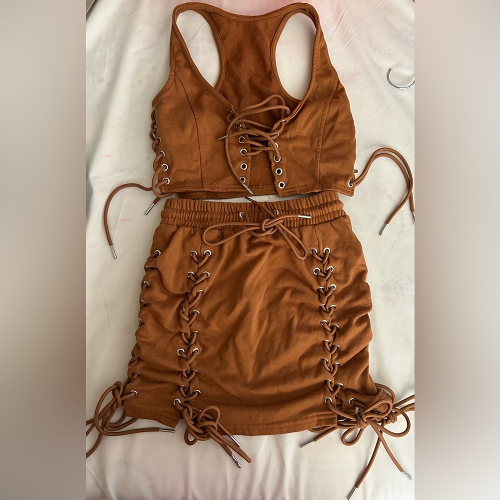 Brown lace up skirt and top